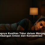 Ilustrasi orang tidur dengan ekspresi tenang dan latar belakang suasana relaksasi untuk menjaga keseimbangan emosi dan konsentrasi