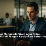 Ilustrasi seseorang yang tenang dan fokus mengelola stres di tengah aktivitas sibuk