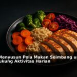 Ilustrasi makanan sehat berwarna-warni tersusun rapi sebagai pola makan seimbang