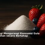 Ilustrasi gula dan makanan sehat sebagai simbol strategi mengurangi konsumsi gula tambahan