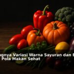 Beragam sayuran dan buah dengan warna-warni cerah di atas meja kayu