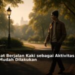 Orang berjalan kaki di taman kota pada pagi hari dengan cahaya matahari yang hangat